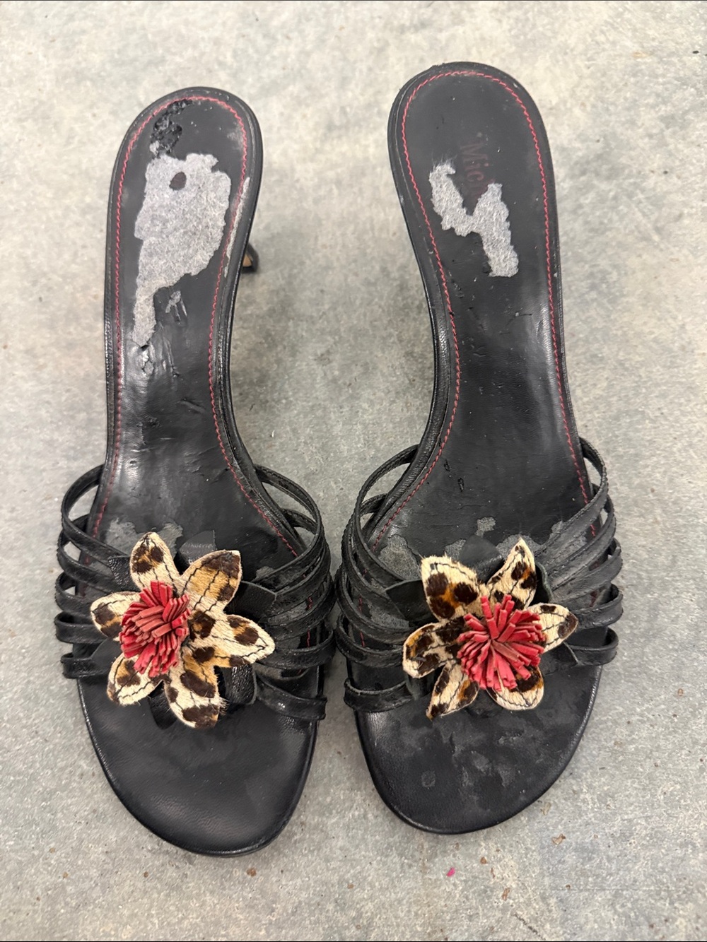 Michelle D Black Slide Mules with Leopard Floral Accent and Red Center